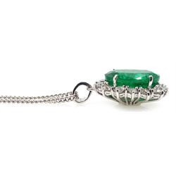  18ct white gold Zambian emerald and diamond cluster pendant necklace hallmarked, emerald approx 3.3 carat, diamonds 0.5 carat   