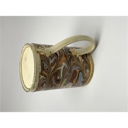 Late 18th century earthenware mug, possibly Ralph Wedgwood, Burslem or Ferrybridge, with surface marbled decoration and later gilt detail to rims and handle, impressed beneath Wedgwood & Co, H12cm