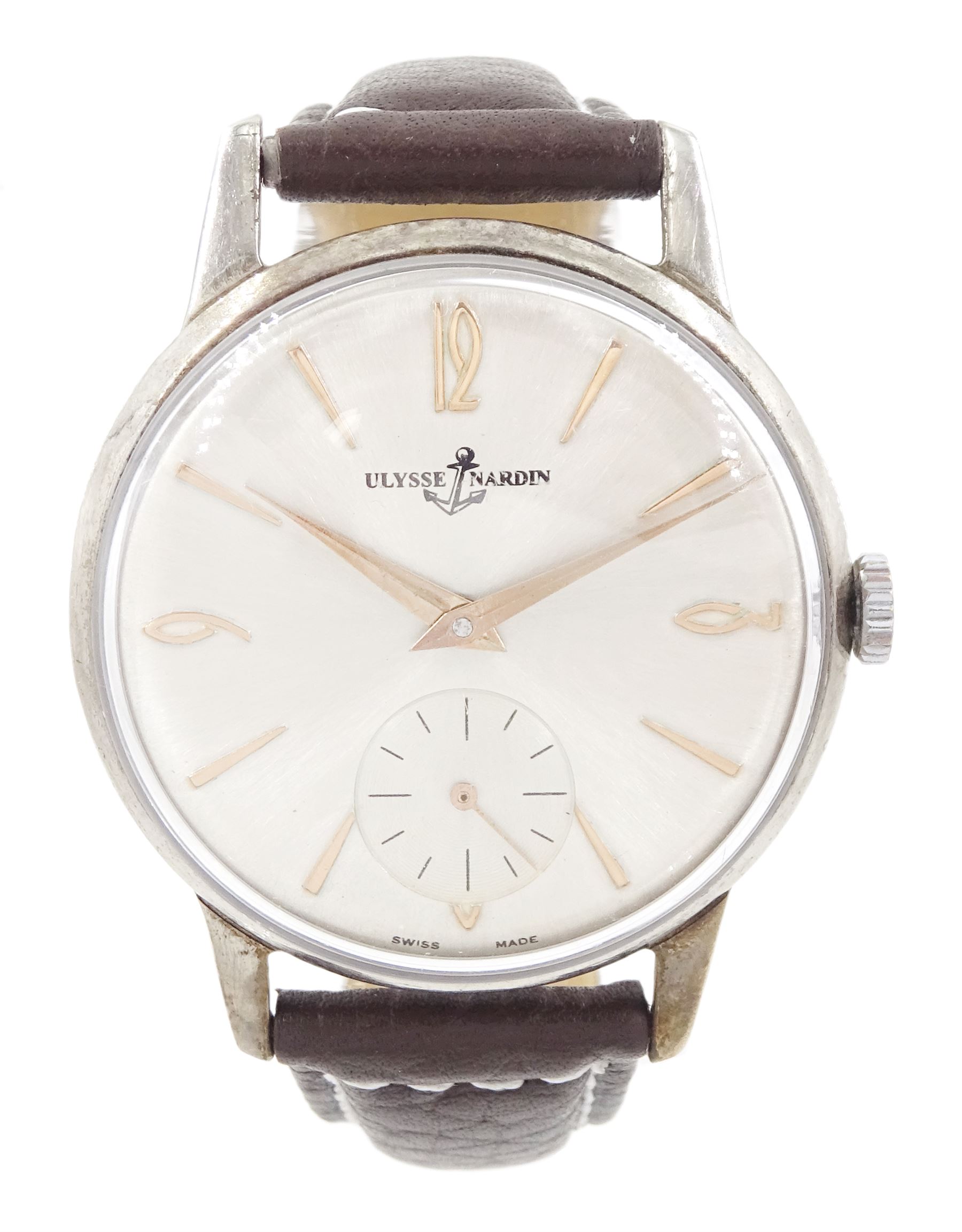 Ulysse Nardin gentleman's stainless steel manual wind wristwatch, silvered dial with baton hour markers, Arabic quarters and subsidiary seconds dial, on brown leather strap