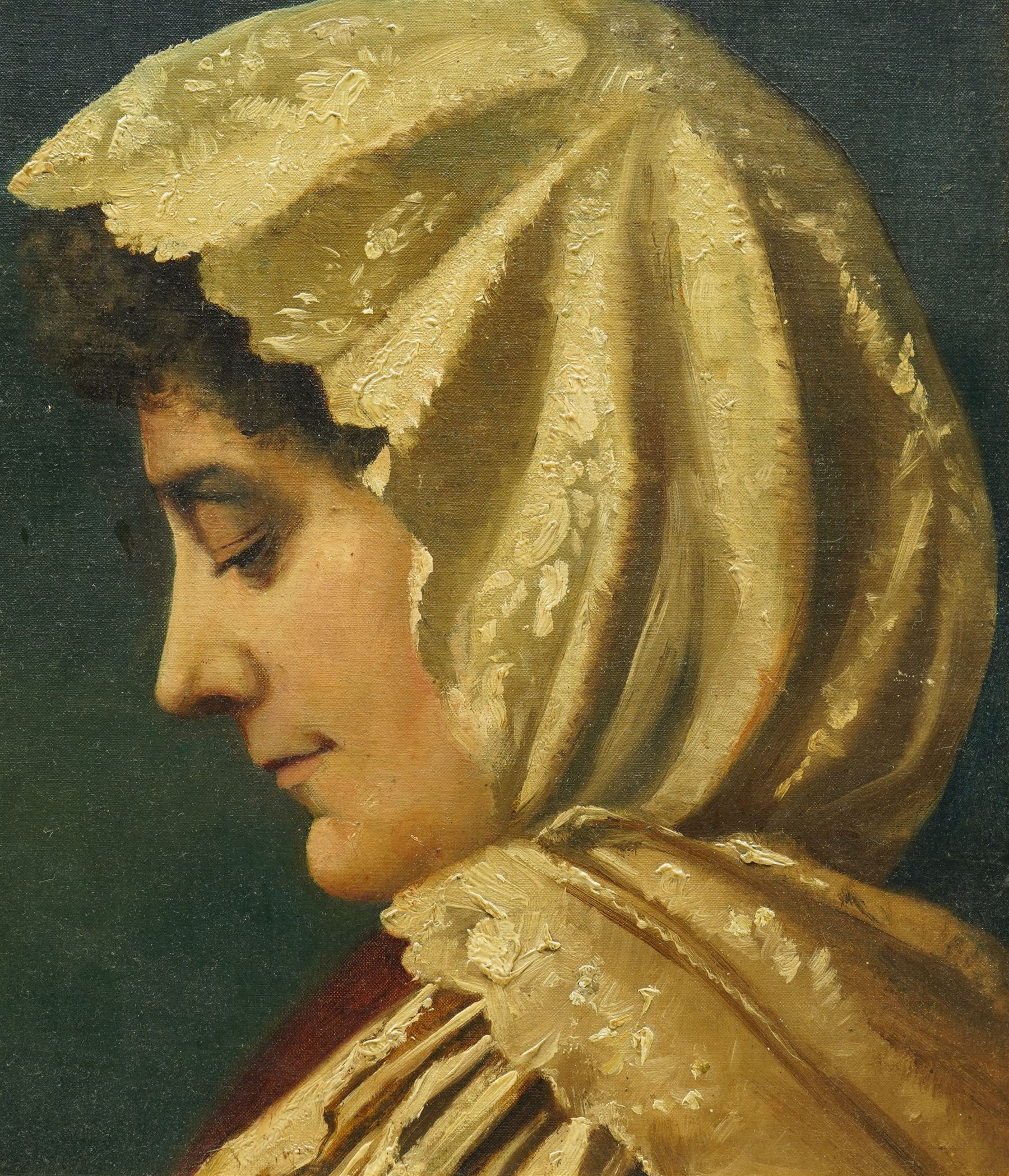Italian School (Late 19th/Early 20th century): Side Profile Portrait of a Woman in a Headscarf, oil on canvas board unsigned, indistinctly inscribed verso 35cm x 30cm