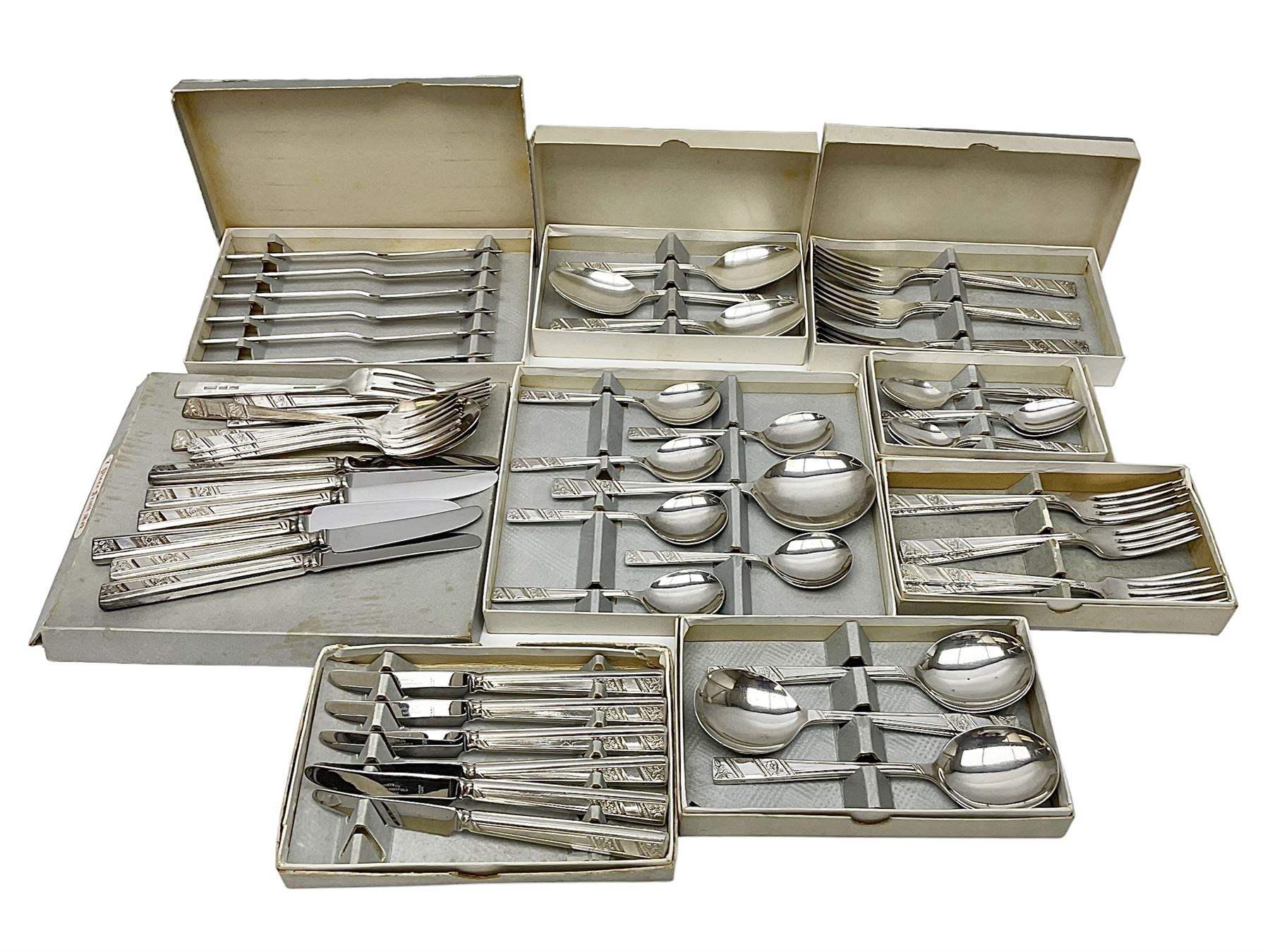 Viners Ltd silver plate Silver Rose pattern cutlery service for six place settings, to include butter knives, table knives and forks, soup spoons, dessert forks and spoons, tea knives, forks and spoons, two serving spoons and a seven piece fruit set, some boxed, missing table spoons