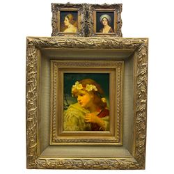 Dowsett (British 20th century): Child with Flowers in Hair, oil on board signed together with two 20th century miniatures of women max 25cm x 19cm (3)