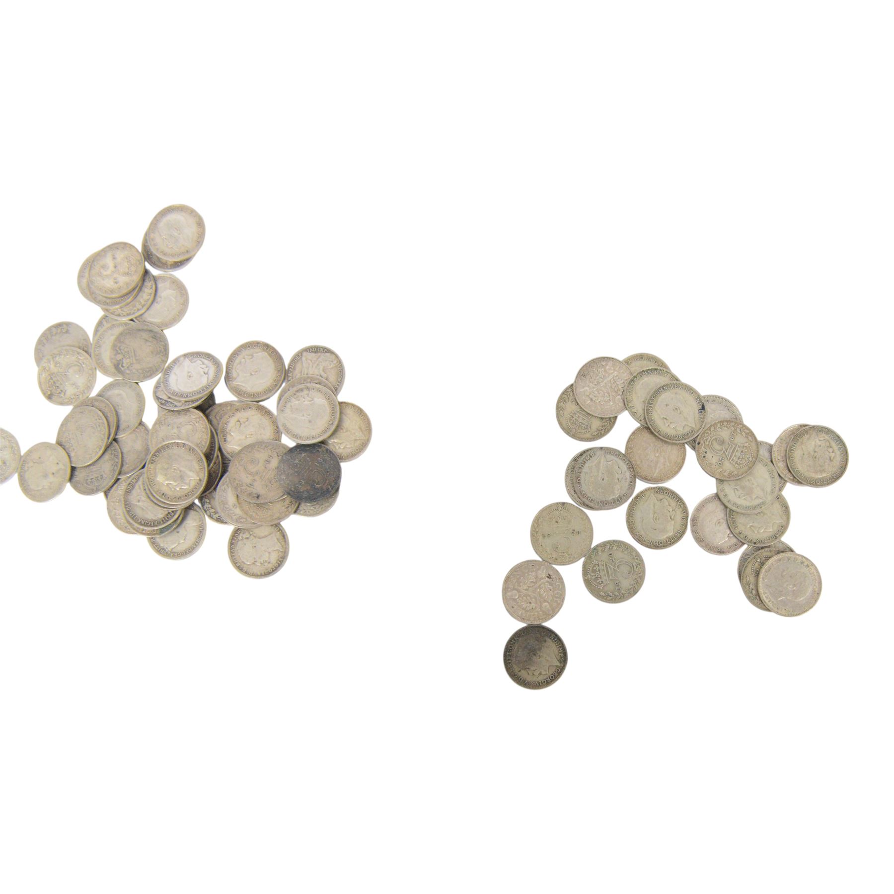 Approximately 74 grams of Great British pre-1920 and approximately 33 grams of Great British pre-1947 silver threepence coins