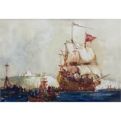 Frank Henry Mason (Staithes Group 1875-1965): Tudor Warship leaving Harbour on the South Coast, watercolour signed 24cm x 35cm