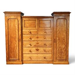 Victorian satinwood reverse breakfront triple wardrobe, projecting moulded cornice over tw...