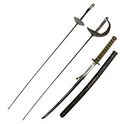 Reproduction Japanese katana with 63cm slightly curving fullered steel blade, ornate tsuba, cord bound grip and gilt transferred black saya L92cm; and two fencing foils, one marked Leon Paul (3)