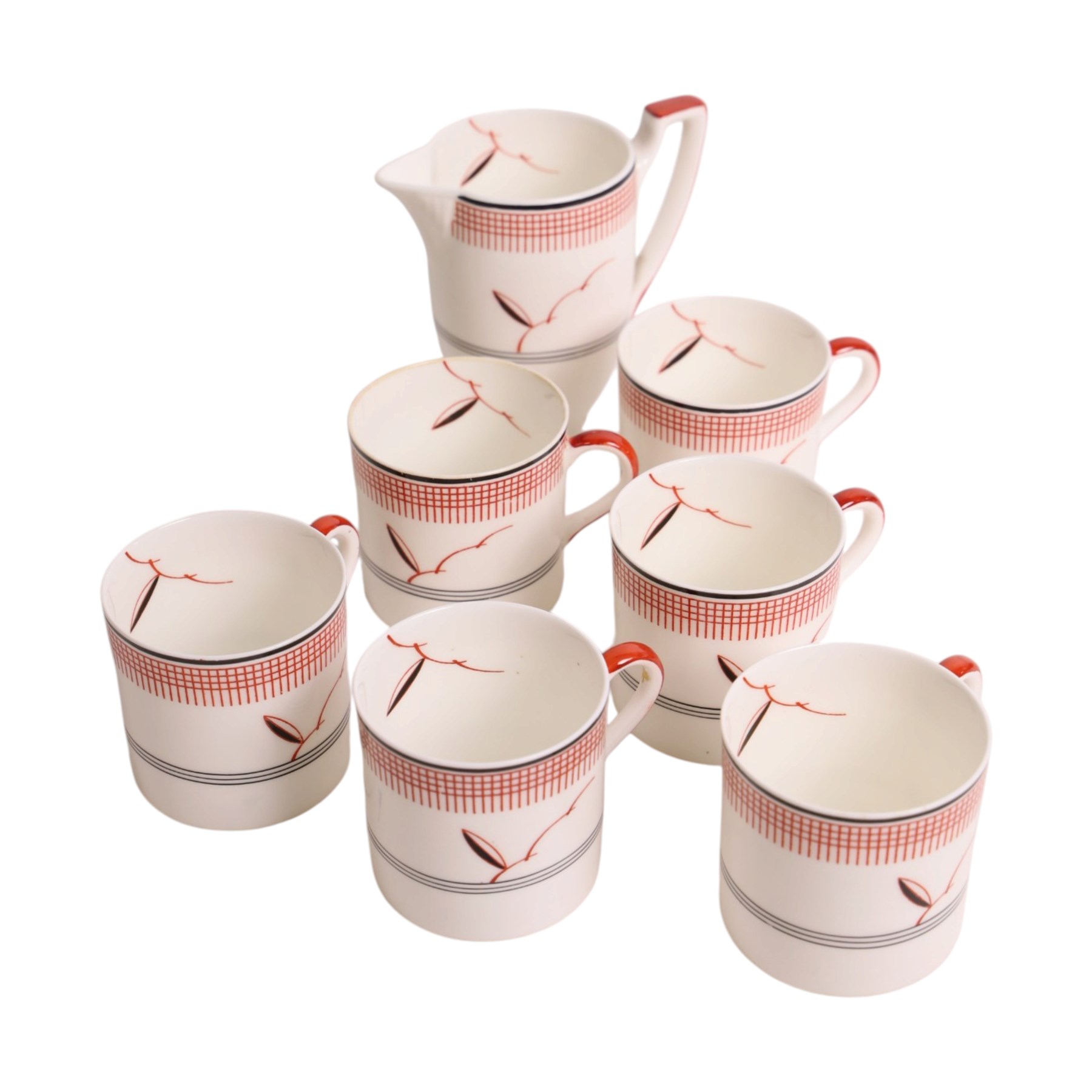 Royal Doulton Art Deco coffee service for six in Vane pattern, comprising coffee pot, milk jug, open saucier, coffee cans and saucers  