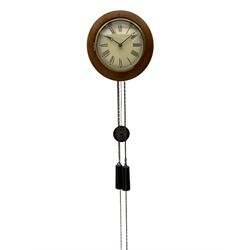 Small late 19th century German Bavarian wall clock c1880, 6” painted dial with Roman numerals, minute track and steel moon hands, cast brass bezel and flat glass with a mahogany surround, chain driven striking movement striking the hours on a bell, wooden plated movement with brass wheels and lantern pinions. With original pendulum and original weights.

