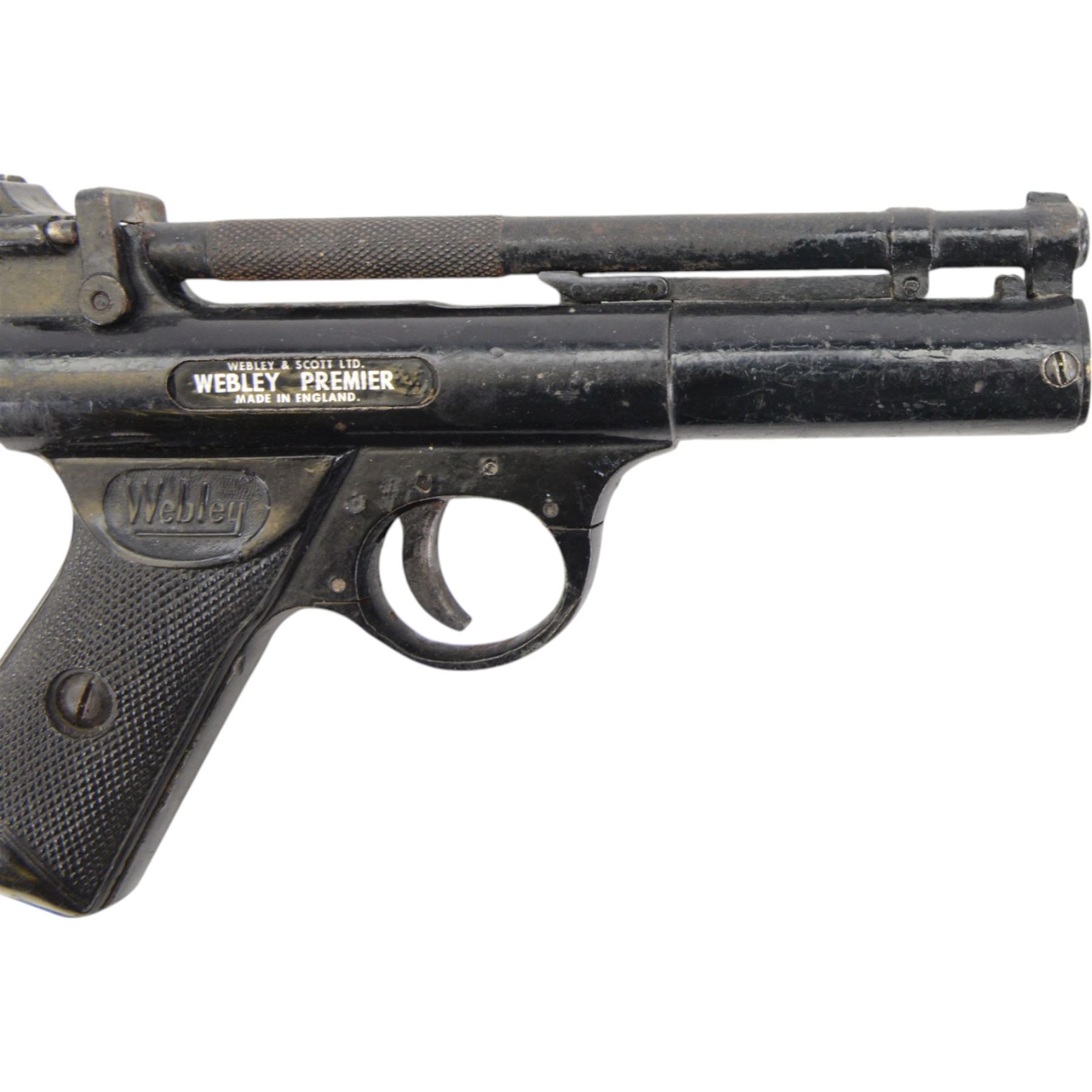 Webley Premier .22 air pistol, batch 947, Series E with 5 pin trigger block, the air chamber marked Webley & Scott Ltd, Webley Premier, Made in England, with checkered grip, H14cm, L19cm