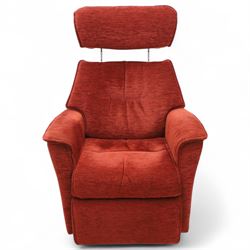 Contemporary electric reclining swivel rocker armchair, upholstered in textured red chenille fabric, high back with integrated headrest and panelled cushioning, on a circular base, requires power unit