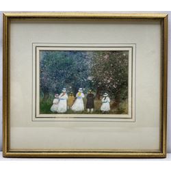 Gabrielle Bellocq (French 1920-1999): Figures Admiring Blossom, pastel signed 15cm x 21cm 