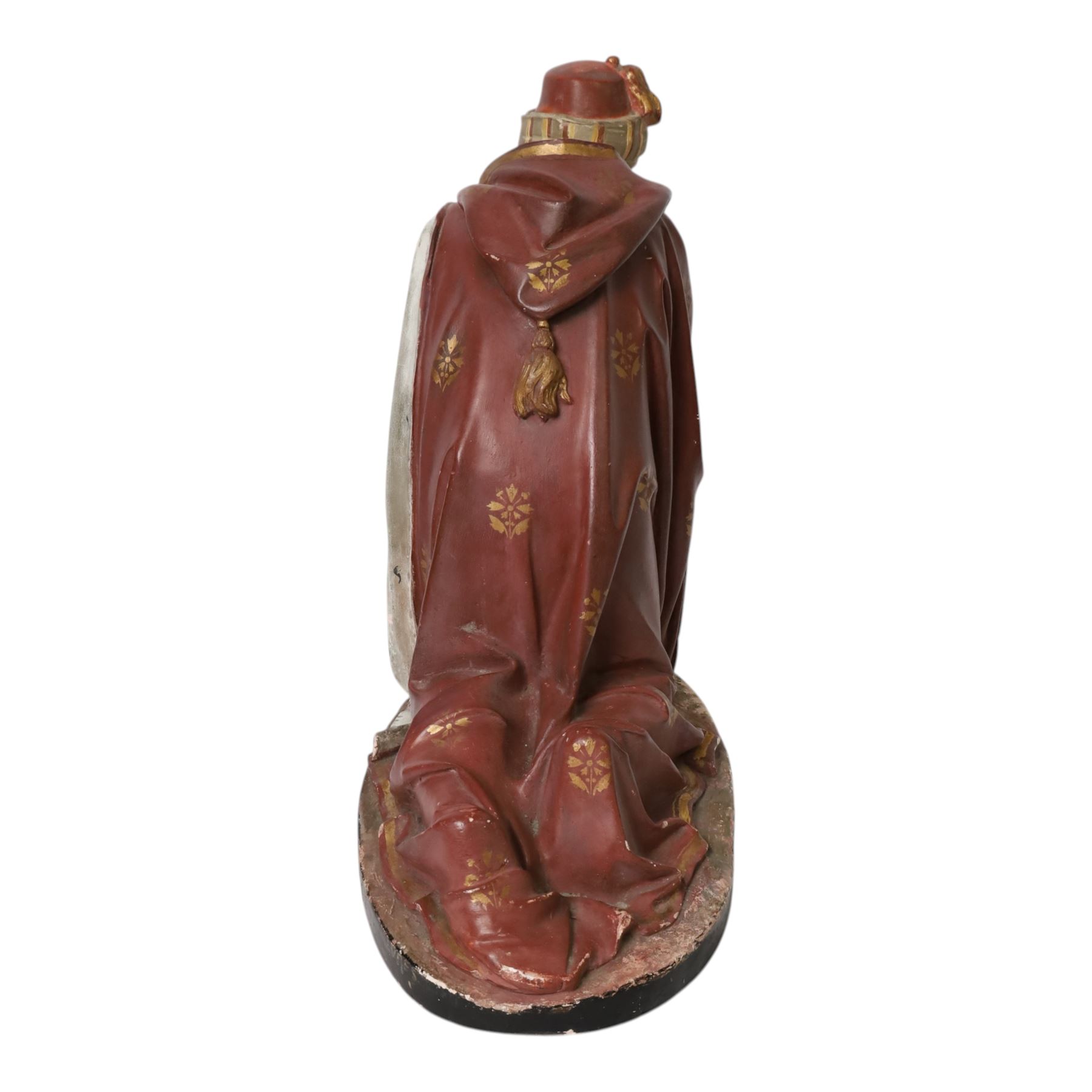 20th century painted plaster icon figure depicting one of the three wise men from a nativity sceen, kneeling and presenting his gift, H54cm 