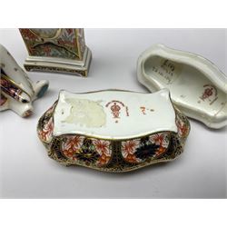 Royal Crown Derby Haiku pattern miniature clock, together with 1128 Imari pattern trinket box with cover and teddy bear figure, all with printed marks beneath   