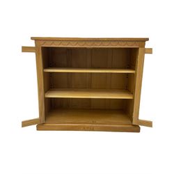 Catman - Yorkshire oak side cabinet, fitted with two glass doors, carved inset Cat signature, by Chris Checksfield of Whitby (Ex Gnomeman)