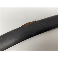 Late Victorian British Military gymnasium practice sword with 85.5cm fullered blunt pointed narrow straight blade, pierced bowl guard and chequered wooden grip L103cm overall; Leon Paul fencing foil with shaped grip and touche wiring; and two reproduction Indian tulwar swords with scabbards (4)