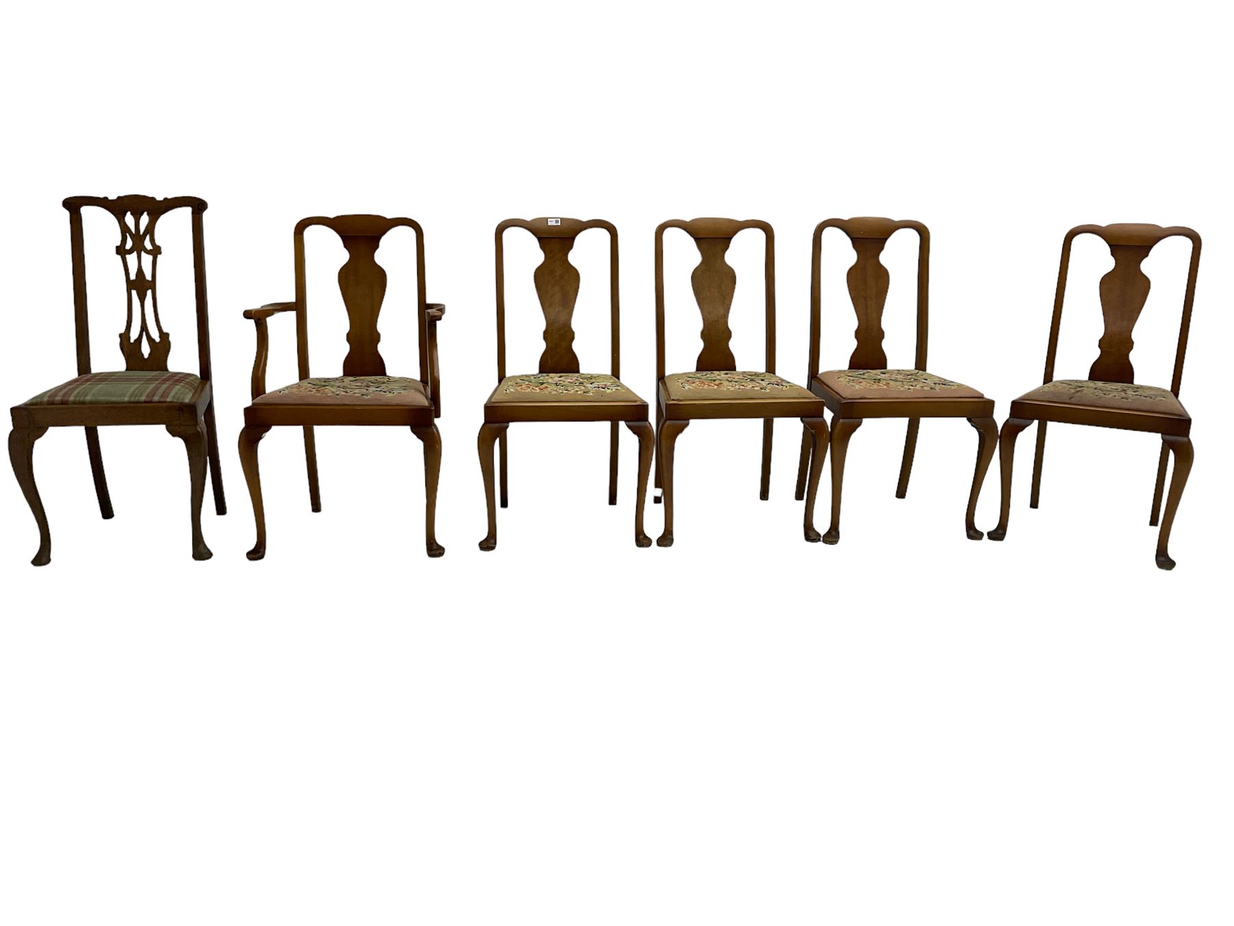 Set five (4+1) hardwood dining chairs, splat back with cross-stitch drop-in seat, raised on cabriole supports