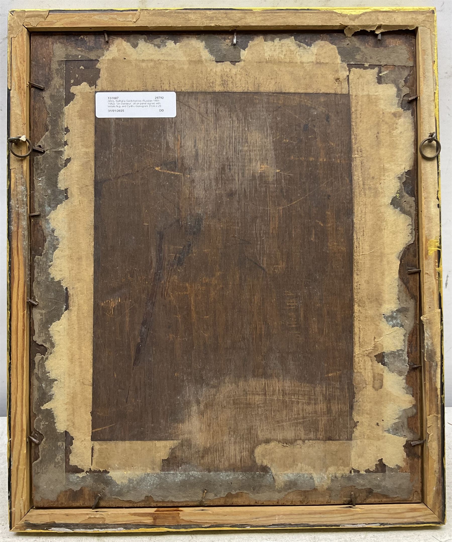 Circle of Natalia Goncharova (Russian 1881-1962): 'Un Danseur', oil on panel with initials N.g. and Cyrillic monogram 31cm x 25cm