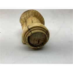 19th century carved ivory walking cane handle, modelled as the head of a greyhound with inset glass eyes, together with a further 19th century ivory example, modelled as a caricature of a gentleman's head, (2)