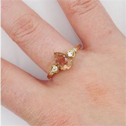 9ct gold single stone pear cut morganite ring, with white zircon set shoulders, hallmarked