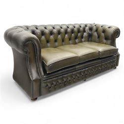Chesterfield three seat sofa upholstered in green buttoned leather