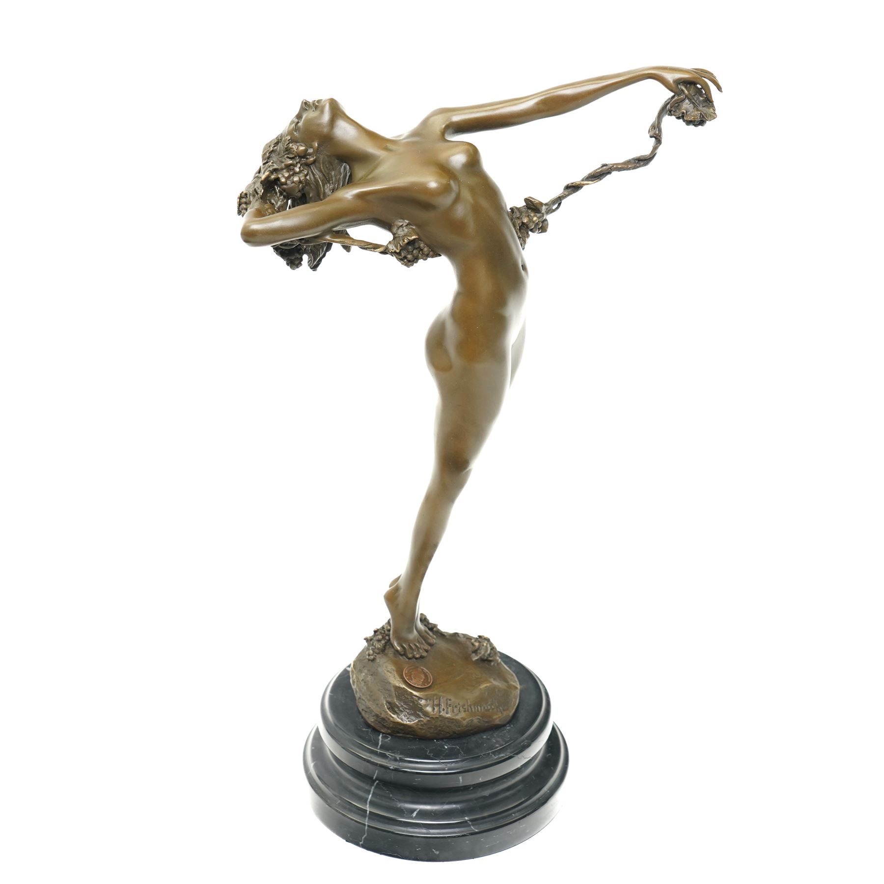 Bronze figure of a nude female holding a vine, after 'H. Frishmuth', with foundry mark on socle base, H38cm