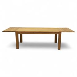 Modern oak dining table, rectangular form with detachable twin leaf extensions, supported on straight square-section legs (Extends to 280cm) 
