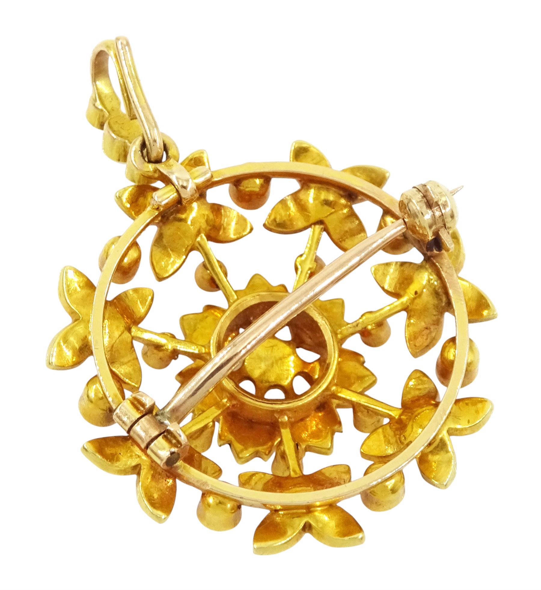 Edwardian 15ct gold pearl flower brooch, with detachable pendant setting, in fitted velvet and silk lined box