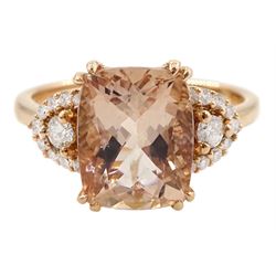 18ct rose gold radiant cut morganite and round brilliant cut diamond cluster ring, stamped 750, morganite approx 3.05 carat