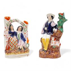 Victorian and later Staffordshire flatbacks, spill vases and figures including 'Gipsy Boy', two modelled as 'Marquess of Lorne and Princess Louise', 'Uncle Tom & Eva', 'Paul & Virginia' and other models, H33cm max (12)