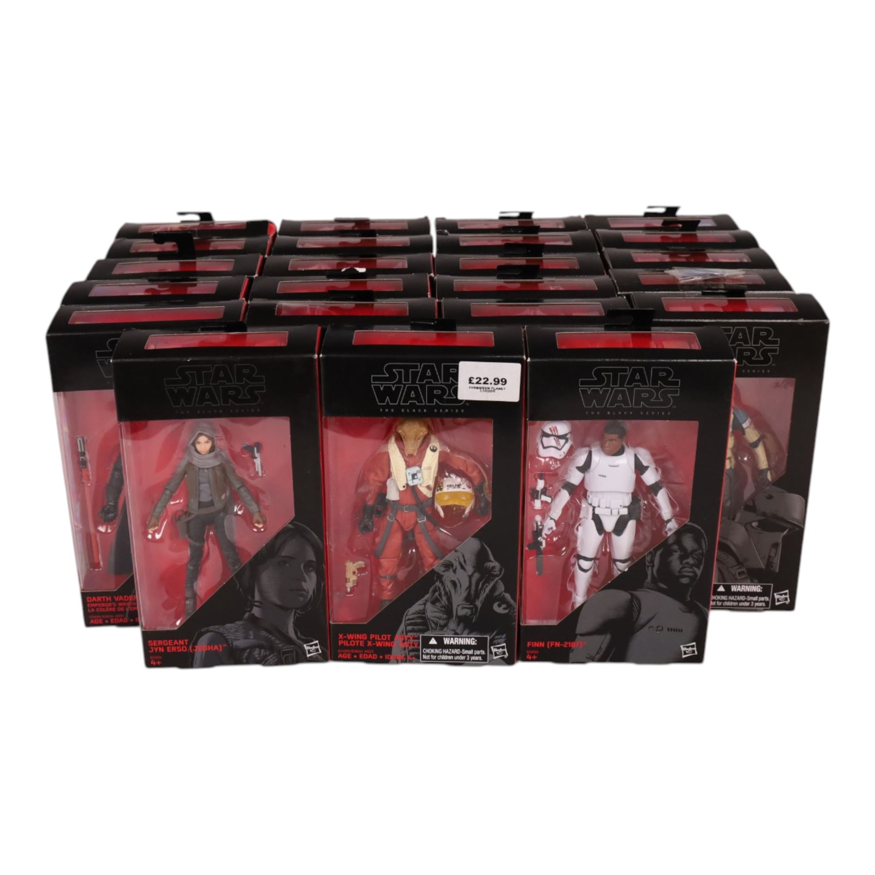 Twenty three Star Wars Black Series Red Wave action figures, comprising Han Solo, Snowtrooper, Imperial Shock Trooper, Tie Fighter Pilot, Chewbacca, Director Krennic, Sabine Wren, Sergeant Gyn Erso, Snowtrooper (Battlofront), Scarif Stormtrooper Squad Leader, Flametrooper, Kylo Ren, Constable Zuvio, Poe Dameron, Guavian Enforcer, X Wing Pilot Asty, Finn, Darth Vader, Stormtrooper, C-3P0, Captain Phasma and Jango Fett,  all boxed