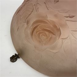 1930s pink frosted glass ceiling light shade, decorated with roses, D