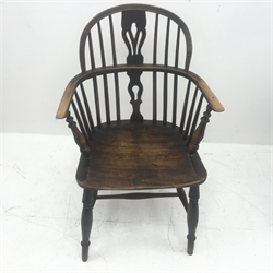19th century low back ash and elm Windsor armchair, turned supports, W55cm