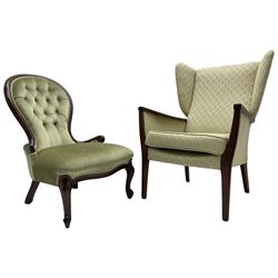 Stained beech framed wingback armchair (W73cm, H99cm); and a Victorian design bedroom nursing chair (W58cm, H84cm)