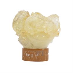 Chinses quartz carved figure group, modelled as two temple lions, upon an oval base, H17cm