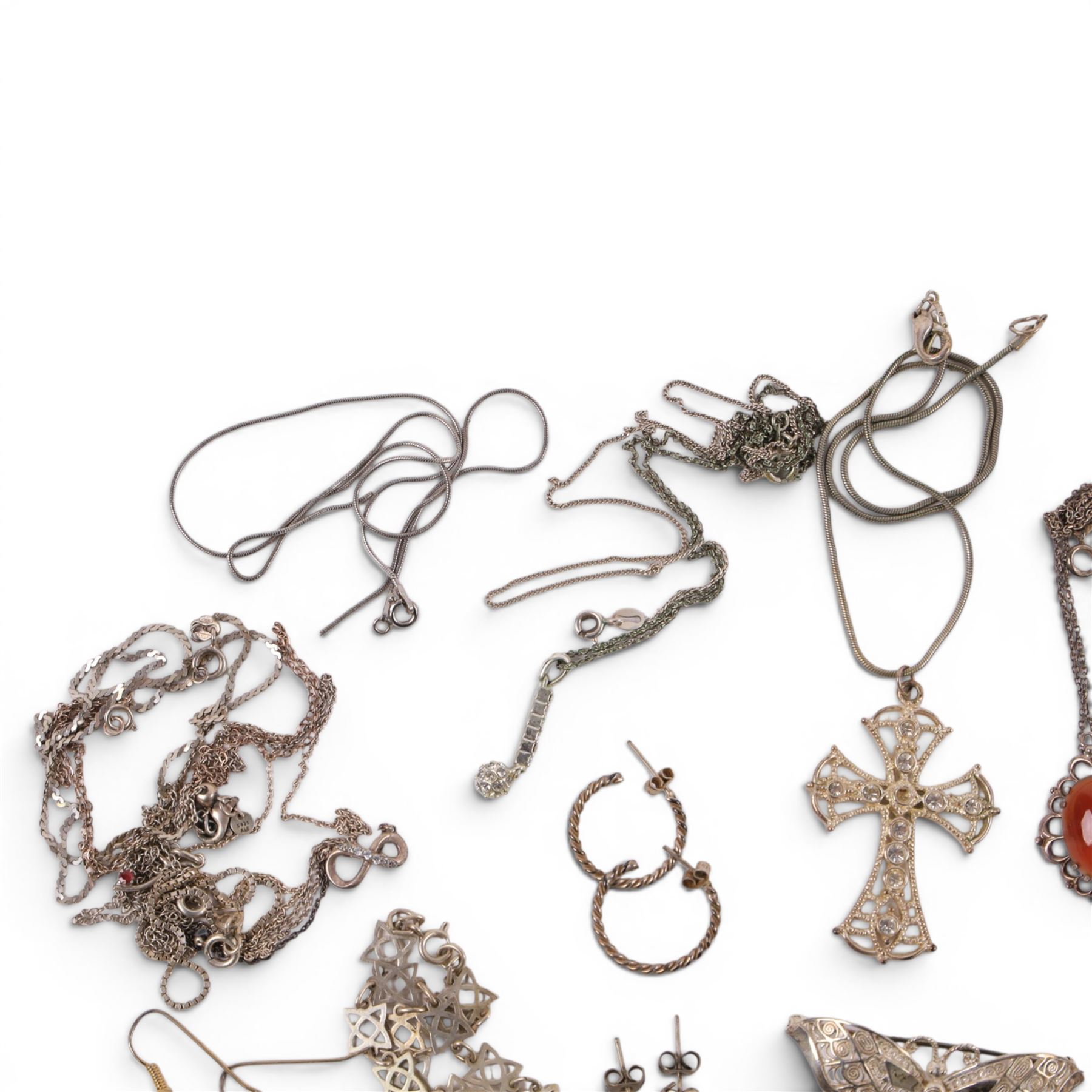 Silver and costume jewellery, including bracelet, necklaces, chains, earrings, brooch, ring, etc, together with a George III 1816 silver shilling and a King George V 1919 silver sixpence
