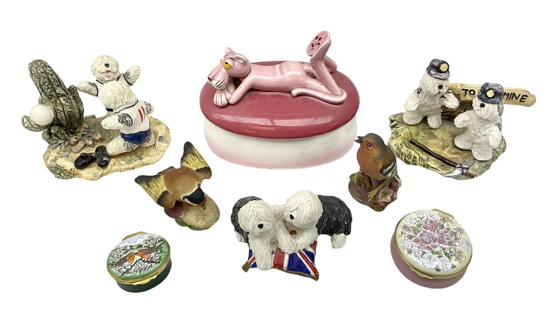 Three Sylvia Smith models of Old English Sheepdogs, Royal Orleans Pink Panther lidded box, two Crummels boxes and two Royal Worcester bird figures