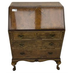 Mid-20th century walnut bureau desk, figured fall front enclosing fitted interior, three graduating drawers below, on cabriole feet