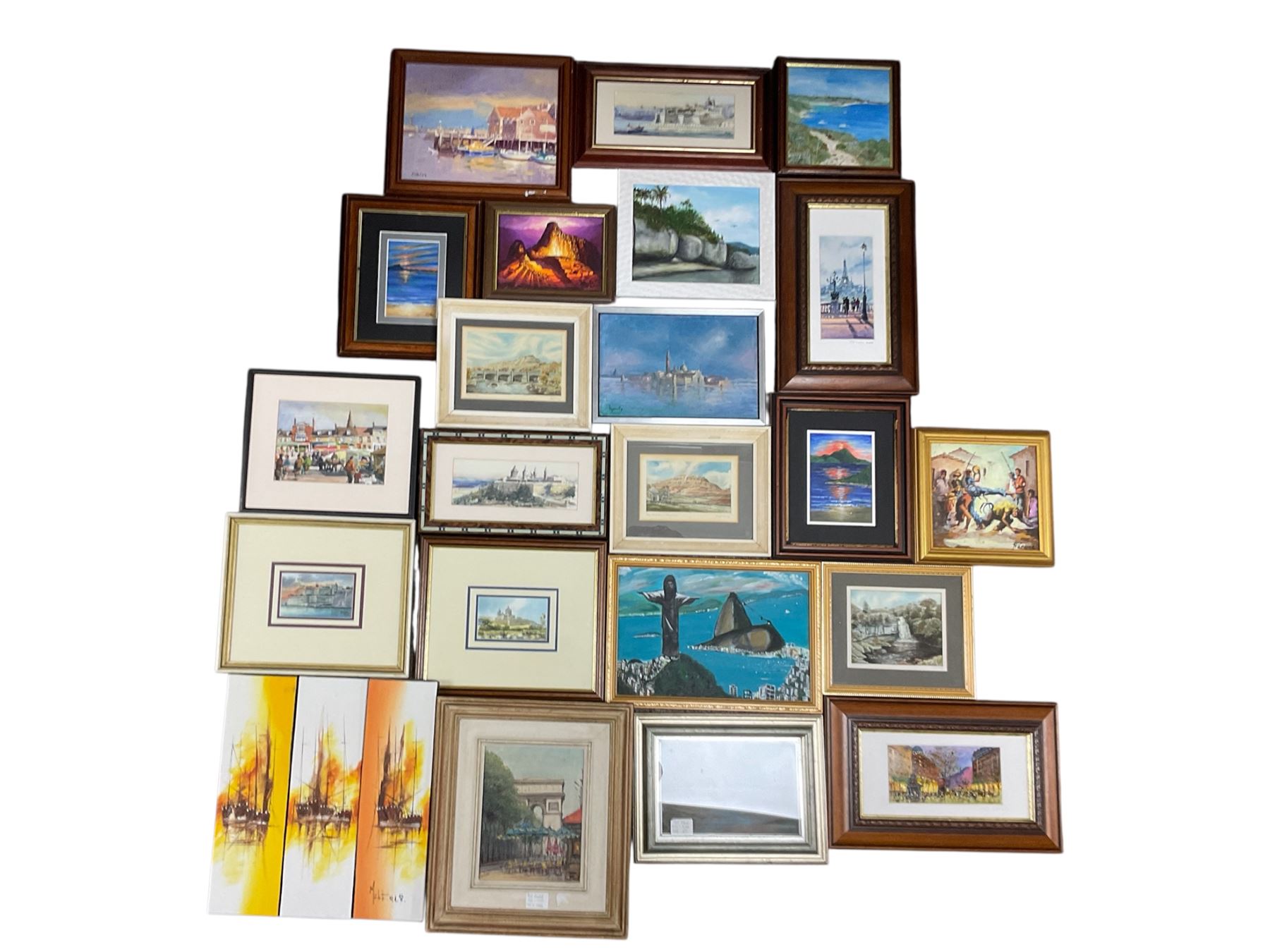 Collection of small paintings, many either French or South American, and a small oil of Whitby