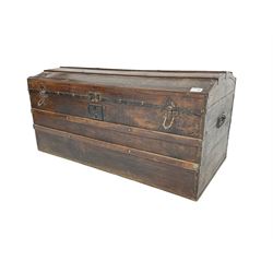 Late 19th century stained pine trunk, hinged dome top with wrought metal fittings and lock
