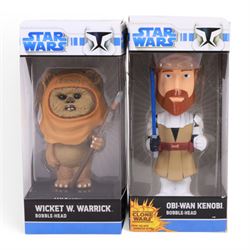 Five bobble-heads, comprising two Cards Inc Pirates of the Caribbean examples Sea Pirate and Will Turner, Two Funko Star Wars examples Wicket W Warrick and Obi-Wan Kenobi and a Cards Inc Characters Hulk example, all boxed