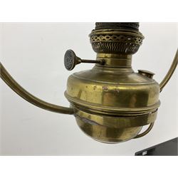 Early 20th century brass oil lamp with opaque glass shade, later converted to electric, H80cm 