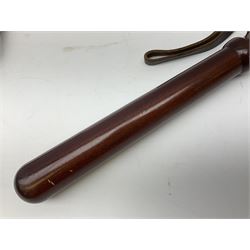 Three police turned hardwood truncheons comprising two patrol truncheons and WPC short truncheon (3)