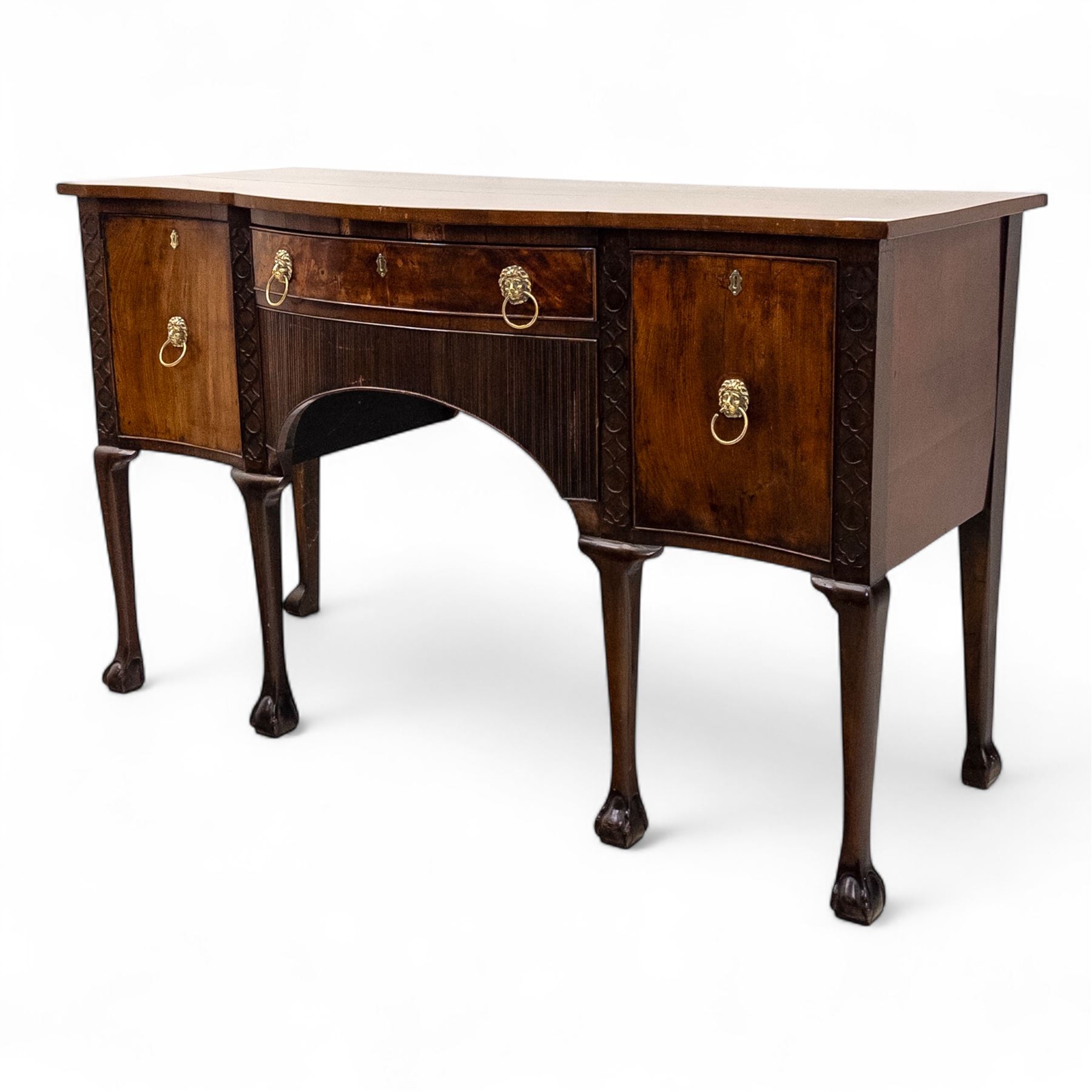 Late 19th-century mahogany bowfront sideboard, fitted with a central frieze drawer above a reeded apron drawer flanked by two deep cupboards, raised on cabriole legs with ball and claw feet