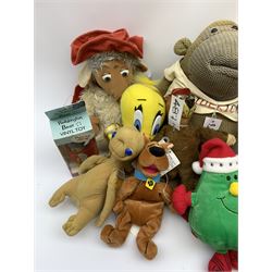 Twenty-one TV and film related and promotional soft toys including Sooty and Sweep hand puppets, Captain Pugwash, Muppets, Yogi Bear, Popeye, Paddington Bear, Zippy, Roland Rat etc