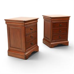 Willis & Gambier - mahogany pair of bedside cabinets, with frieze drawer with blue baize lined interior, panelled sides and three drawers raised on bracket feet