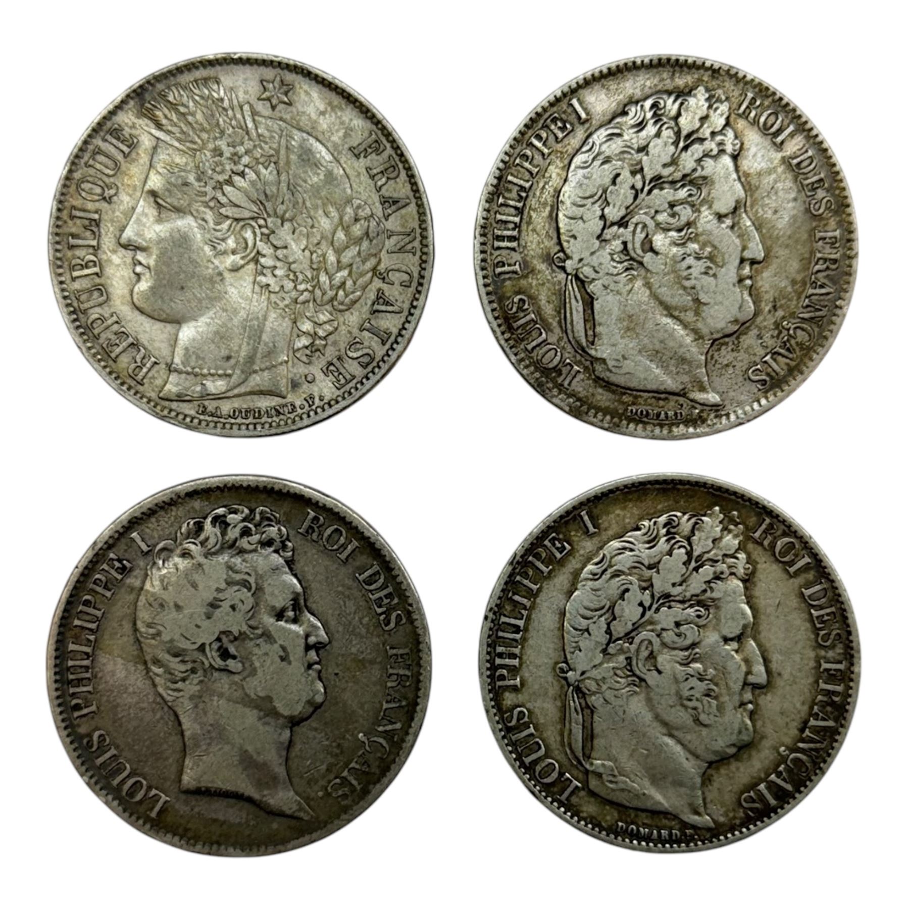 Four French silver five franc coins, dated 1831 A, 1841 W, 1844 A and 1851 A 