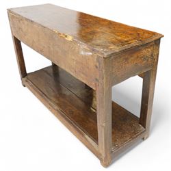 18th century oak dresser base, moulded rectangular top over two drawers and shaped apron, moulded drawer fronts fitted with shaped brass handle plates and swan neck handles, on chamfered square supports united by pot board base 