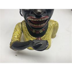 Three early 20th century cast-iron mechanical money banks as a family group comprising mother 'Dinah' patented 1911, father 'Jolly Man' patented 1902 and son 'Little Joe' patented 1910 by John Harper & Co; all with the same hand-to-mouth action; parents H16cm (3)