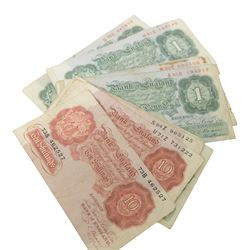 King George V Treasury series Warren Fisher ten shillings note, Bank of England Peppiatt Emergency Issue one pound note, and various one pound and ten shilling notes