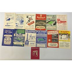 Twenty 1950s and later football programmes including Arsenal, Villa, Barnsley, Brentford, Blackburn, Blackpool, Bolton, Bournemouth, Bradford City, Brighton, Burnley, Bury, Charlton, Chelsea, Chesterfield, Crystal Palace, Darlington, Exeter, Fulham and Halifax